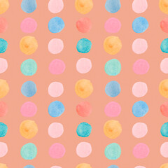 Seamless pattern with watercolor minimalist Shapes on Calming Coral background.Repeating,abstract print with hand drawn blotches.Design for wrapping paper,packaging,social media,textiles,fabric.