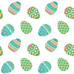 Easter eggs with colorful ornaments. Vector seamless pattern. Isolated on white background. Festive design for fabric, scrapbooking, wrapping, wallpaper.