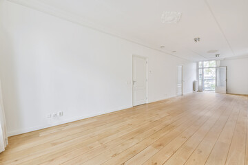 Long wide large light room with doors at the beginning