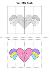 Cut and glue game for kids. Cute flying heart.