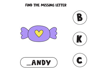 Find missing letter with cute candy. Spelling worksheet.