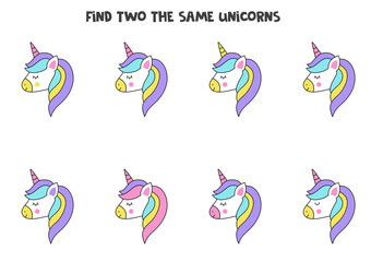 Find two identical unicorns. Educational game for preschool children.