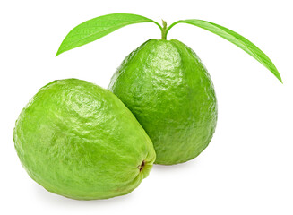 guava with green leaves isolated on white background. clipping path