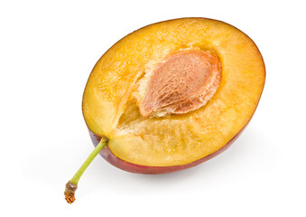 half of fresh plum fruit isolated on white background. clipping path