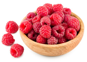 ripe raspberries in wooden bowl isolated on white background. clipping path