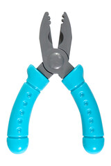 Toy plastic pliers with a blue handle on a white background, isolated image
