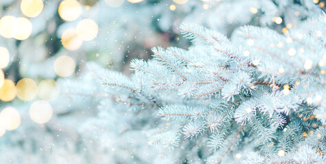 Blue branches of Christmas tree are decorated with garland against the background of falling snow