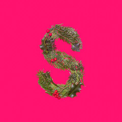 Festive, winter, Christmas season natural pine, holly branches, red berries, unique collection of letters, numbers and symbols. Letter S