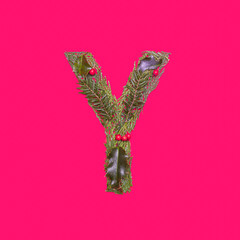 Festive, winter, Christmas season natural pine, holly branches, red berries, unique collection of letters, numbers and symbols. Letter Y
