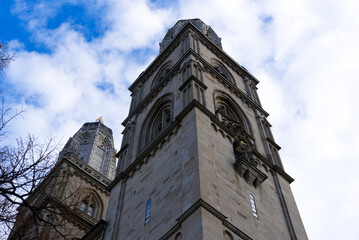 Medieval church Great Minster at the old town of Zürich on a cloudy winter morning. Photo taken December 1st, 2021, Zurich, Switzerland.