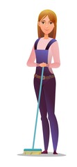 Woman in overalls. Service girl. Handyman, locksmith or repairman. Cheerful person. Standing pose. Cartoon comic style flat design. Single character. Illustration isolated on white background. Vector