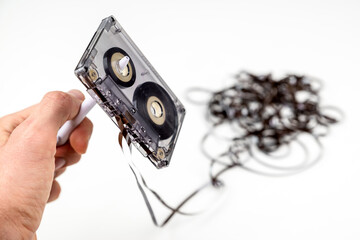 Rewind a old cassette tapes with loose tape