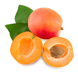 apricot fruits with green leaf isolated on white background. clipping path. top view