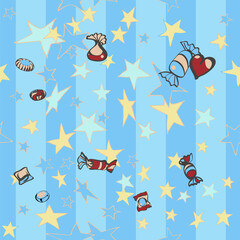 Seamless Patterns.Textures  Christmas Backgrounds. Digital drawing Christmas sublimation. STARS ON BLUE STRIPES. Manual graphics. Wallpaper needlework for scrapbooking. Gift wrapping postcard template