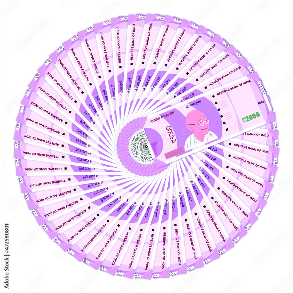 Wall mural India new 2000 rupee currency notes in white background in circle shape top view
