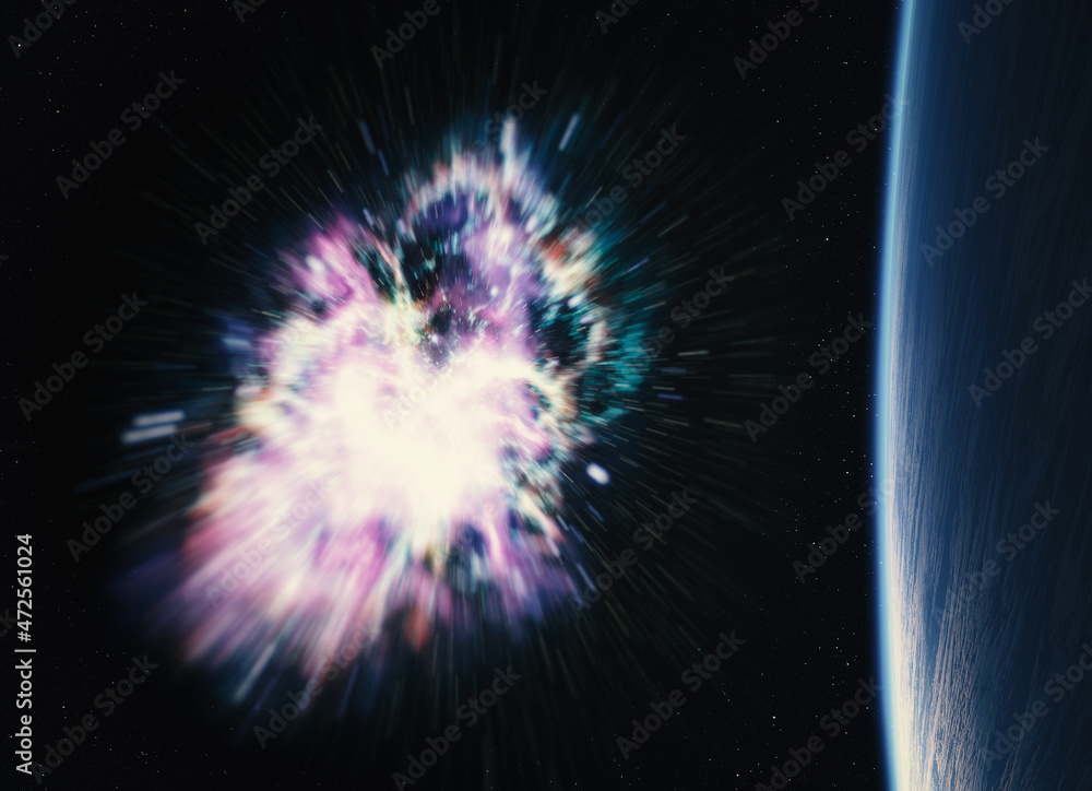 Poster blue planet with nebula on background. elements of this image furnished by nasa.