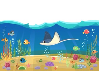 Bottom of reservoir with fish. Stingray. Blue water. Sea ocean. Underwater landscape with animals. plants, algae and corals. Isolated illusteration. Vector art