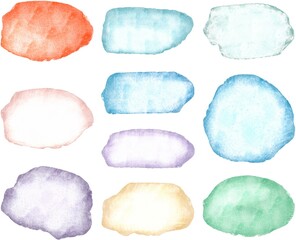 Watercolor texture stains set. Collection of background brush strokes and splashes for design. Colorful translucent blots