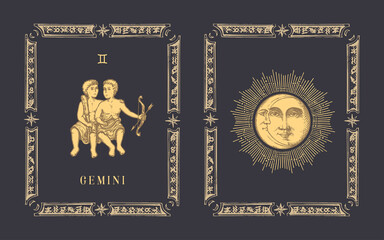 Gemini zodiac symbol, horoscope card in vector.