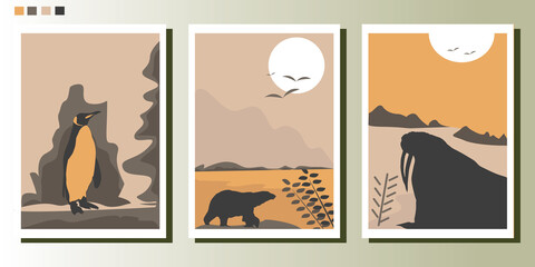 set of Polar animals vector illustration on wall art design style.  Scandinavian design concept.  