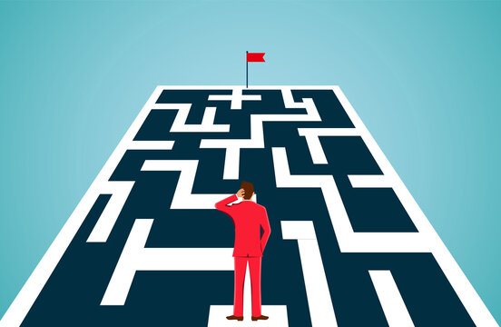 Businessman are standing looking at the target with obstacles as maze holes blocking the path. going towards business success goal. leadership. creative idea.  illustration cartoon vector