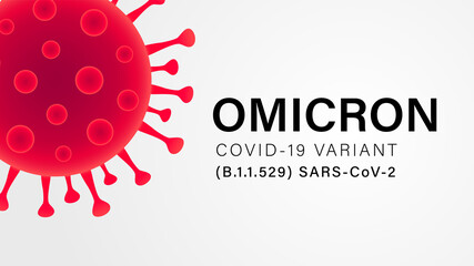 Omicron COVID-19 VARIANT (B.1.1.529) SARS-CoV-2 typography gray banner. New strain of Coronavirus. Vector symbol of mutated virus that detected in South Africa. Black text Omicron and red cell - obrazy, fototapety, plakaty