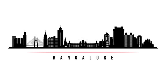Bangalore skyline horizontal banner. Black and white silhouette of Bangalore, India. Vector template for your design. - 472564472