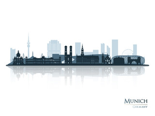 Naklejka premium Munich skyline silhouette with reflection. Landscape Munich, Germany. Vector illustration.