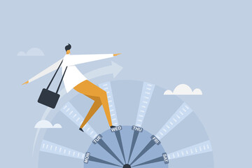 Businessman walking on the wheel of routine schedule