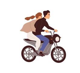 Fototapeta na wymiar Love couple riding motorcycle. Man and woman travel by motorbike together. Biker and female rushing on bike, driving fast, side view. Flat vector illustration isolated on white background