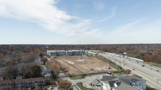 Drone shot panning around Brentwood at the crossroad intersection between I-64 and I-170 in St. Louis, MO