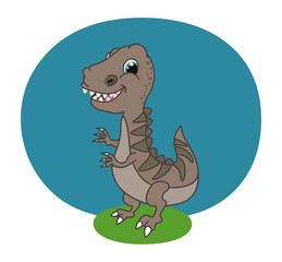 Smiling young grey tyrannosaurus dinosaur with blue sky and fresh grass
