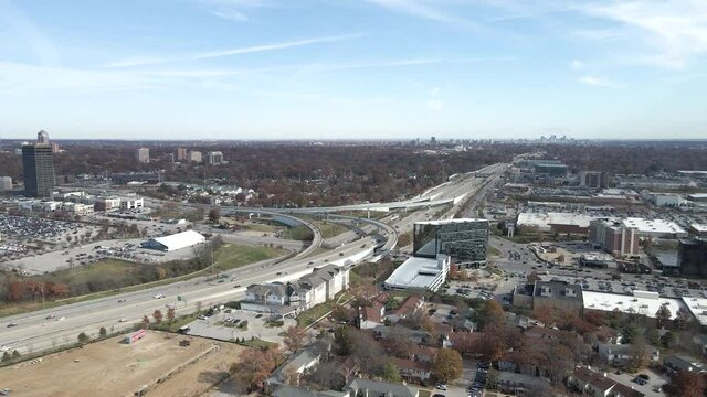 Drone shot panning around Brentwood at the crossroad intersection between I-64 and I-170 in St. Louis, MO