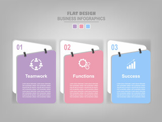 Infographic template of three parts on work sheet, flat design of business icon, there are words such as teamwork, functions, and success. Pastel color.