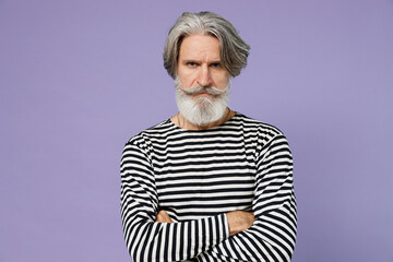 Elderly strict serious gray-haired mustache bearded man 50s in striped turtleneck hold hands...