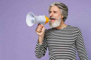 Elderly gray-haired mustache bearded man 50s wearing striped turtleneck hold scream in megaphone...
