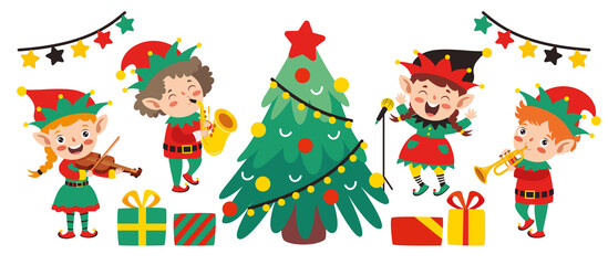 Obraz na płótnie Canvas Group Of Cartoon Elfs Celebrating Christmas
