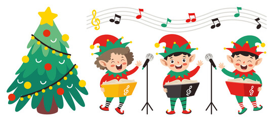 Group Of Cartoon Elfs Celebrating Christmas