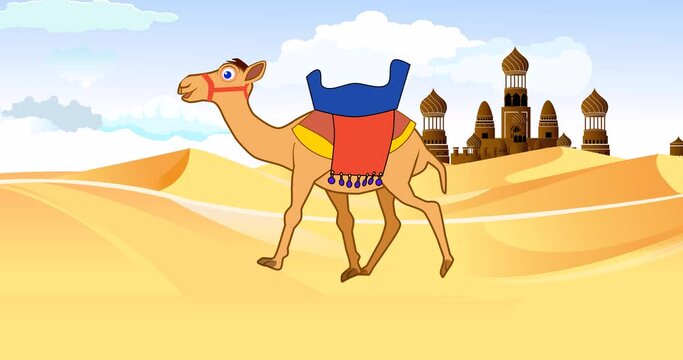 Walking camel caravan, desert sands, walk cycle loop animation