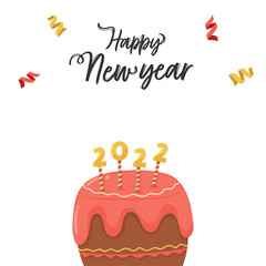 Happy New Year Font With Curl Ribbons And Delicious Cake Of 2022 On White Background.