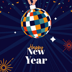 Happy New Year Font With Hand Holding Colorful Disco Ball, Fireworks And Confetti On Blue Rays Background.