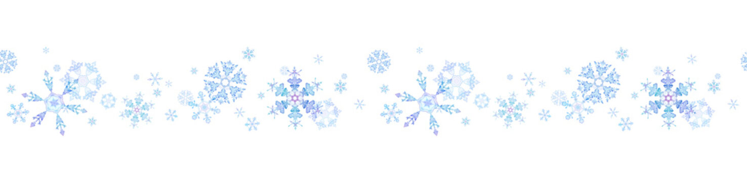 雪の結晶の水彩イラスト。横方向のシームレスパターン。