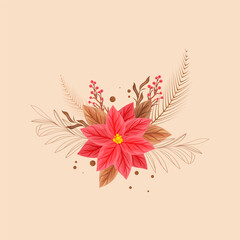 Poinsettia Flower With Leaves, Berries On Peach Background.