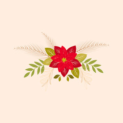 Poinsettia Flower With Leaves Element On Peach Background.