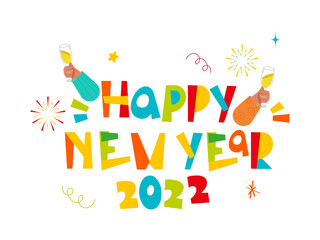 Colorful Happy New Year 2022 Font With Hands Holding Champagne Glass And Fireworks On White Background.