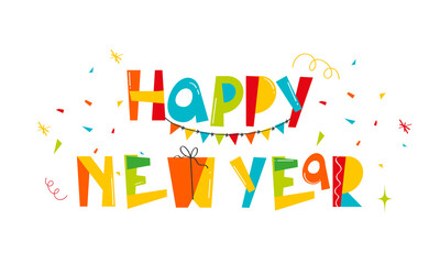 Colorful Happy New Year Font With Gift Box, Party Flags And Confetti On White Background.