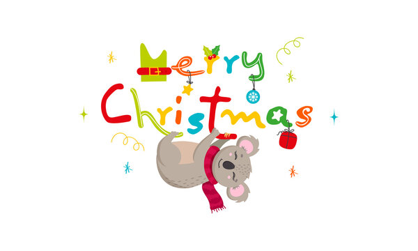 Stylish Colorful Merry Christmas Font With Cartoon Koala Bear, Holly Berry, Gift Box Hang On White Background.