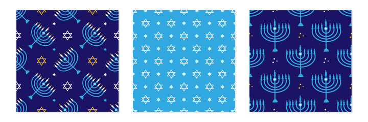 Set, collection of three vector seamless pattern background for Hanukkah celebration design with menorah, david stars and dots.
- 472568464