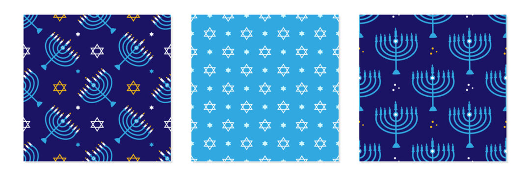 Set, collection of three vector seamless pattern background for Hanukkah celebration design with menorah, david stars and dots.
