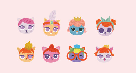 Vector set with cute cat colorful characters, isolated on pink. Simple minimalistic cute cats in cartoon style. Cute kitty character